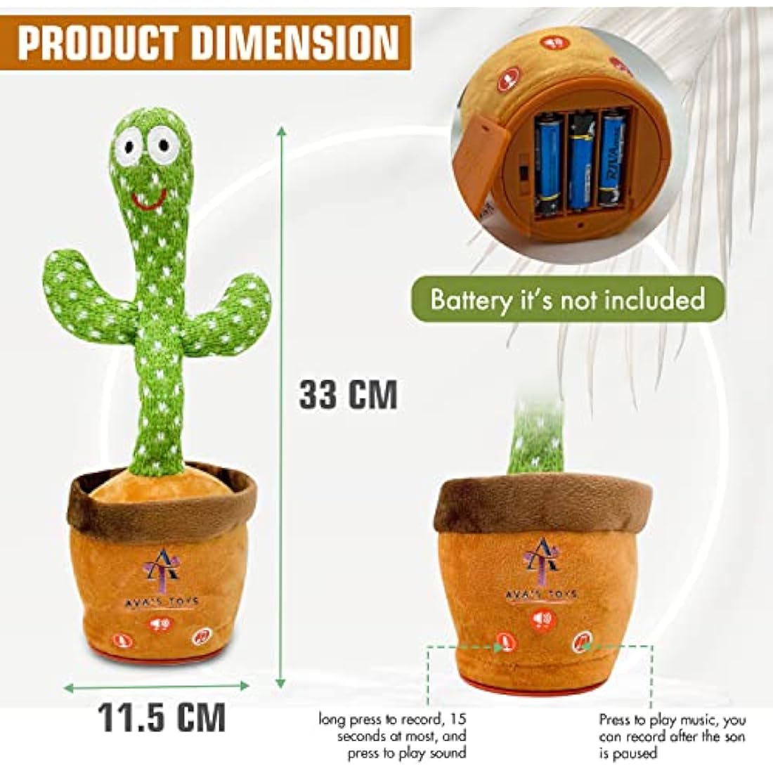 Ava's Toys Volume Control Dancing Cactus- Voice Recorder Baby Toys- Talking and Singing Cactus- Repeat What You Say Learning Toy