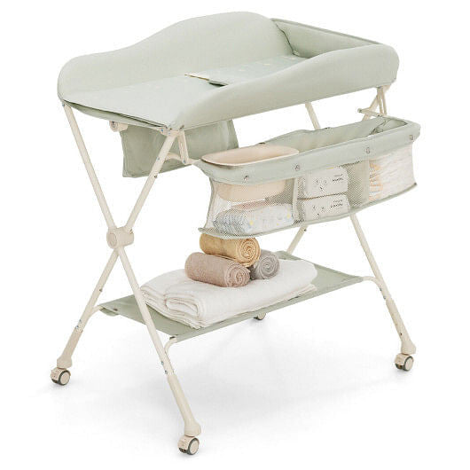 Baby Diaper Changing Table with Water Basin Wheel-Green